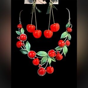 BEAUTIFUL FASHION CHERRY NECKLACE /EARRING SET